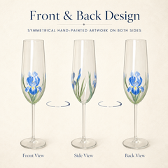 Front, side and back views of a champagne flute with hand-painted blue iris artwork on both sides