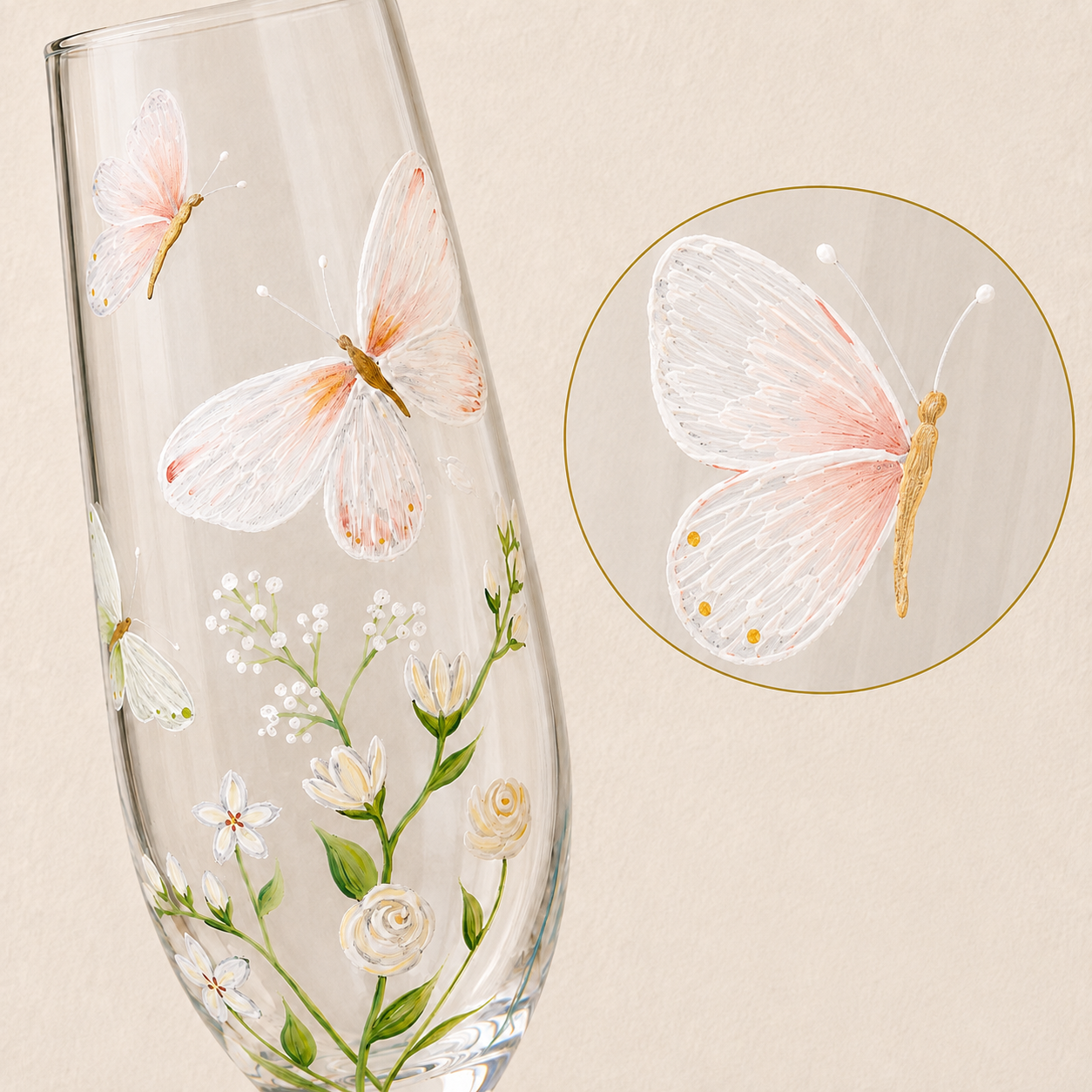 A clear glass champagne flute decorated with hand-painted white and pink butterflies and delicate white flowers with green stems, shown on a warm beige background with a circular close-up inset of one butterfly.