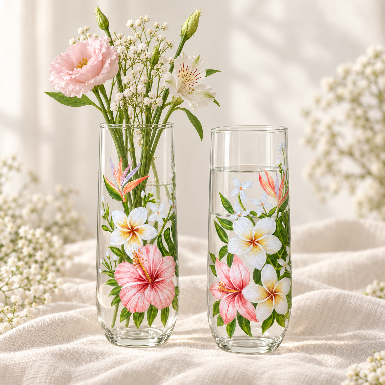 Personalized hand-painted tropical floral glass with hibiscus, plumeria and bird of paradise flowers styled as a bud vase