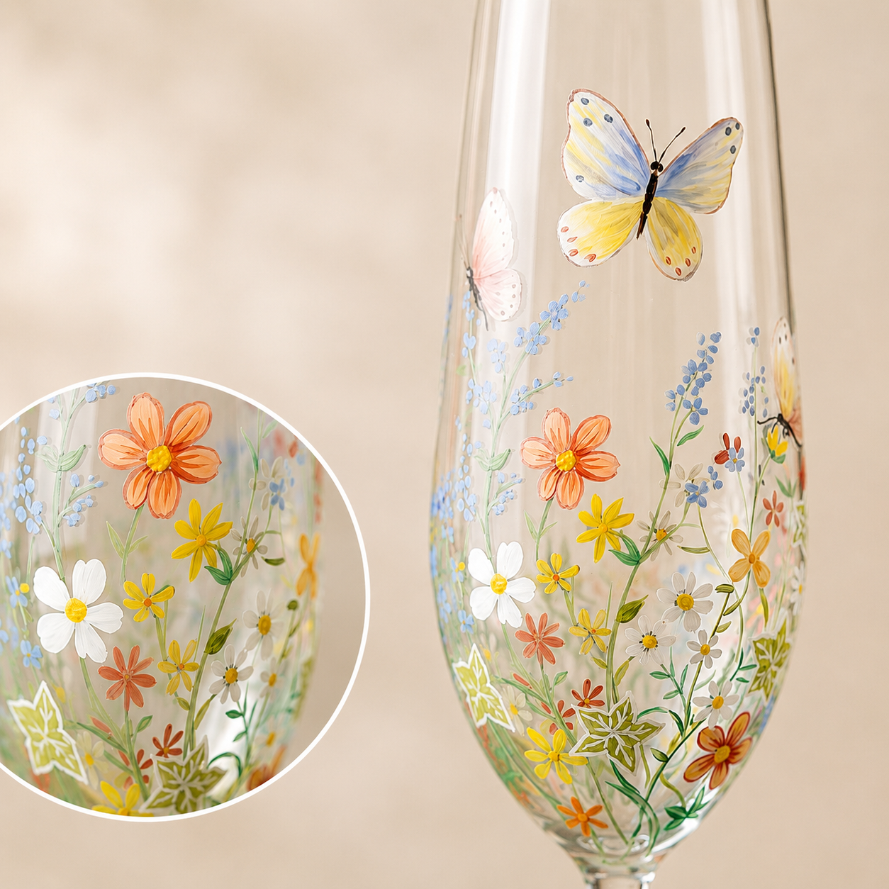Close-up of hand-painted wildflowers and butterfly details on personalized champagne flute