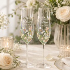 Personalized bride and groom wildflower champagne flutes with names and wedding date
