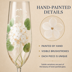 A hand-painted champagne flute with delicate white flowers and green leaves, shown beside marketing text that highlights the hand-painted details, visible brushstrokes, and uniqueness of each piece.