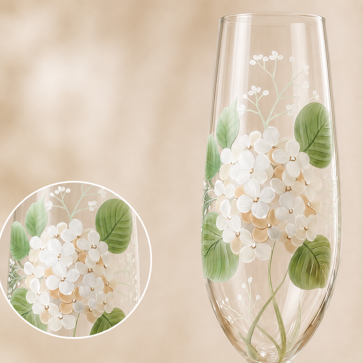 A clear champagne flute with hand-painted white flowers and green leaves, shown against a soft beige background with a circular close-up inset of the floral design.