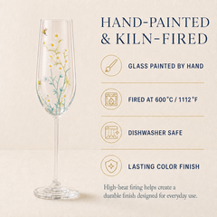 Hand-painted and kiln-fired daisy champagne flute showing dishwasher-safe glass painting process