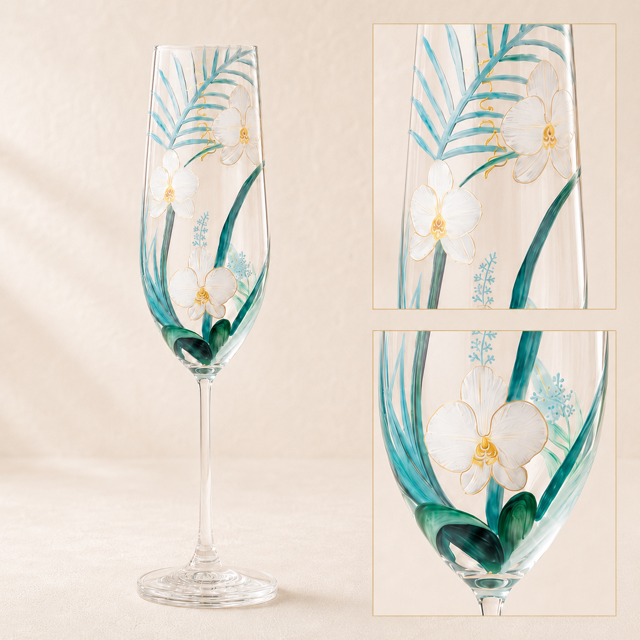 Close-up details of hand-painted orchids and teal botanical leaves on champagne glass