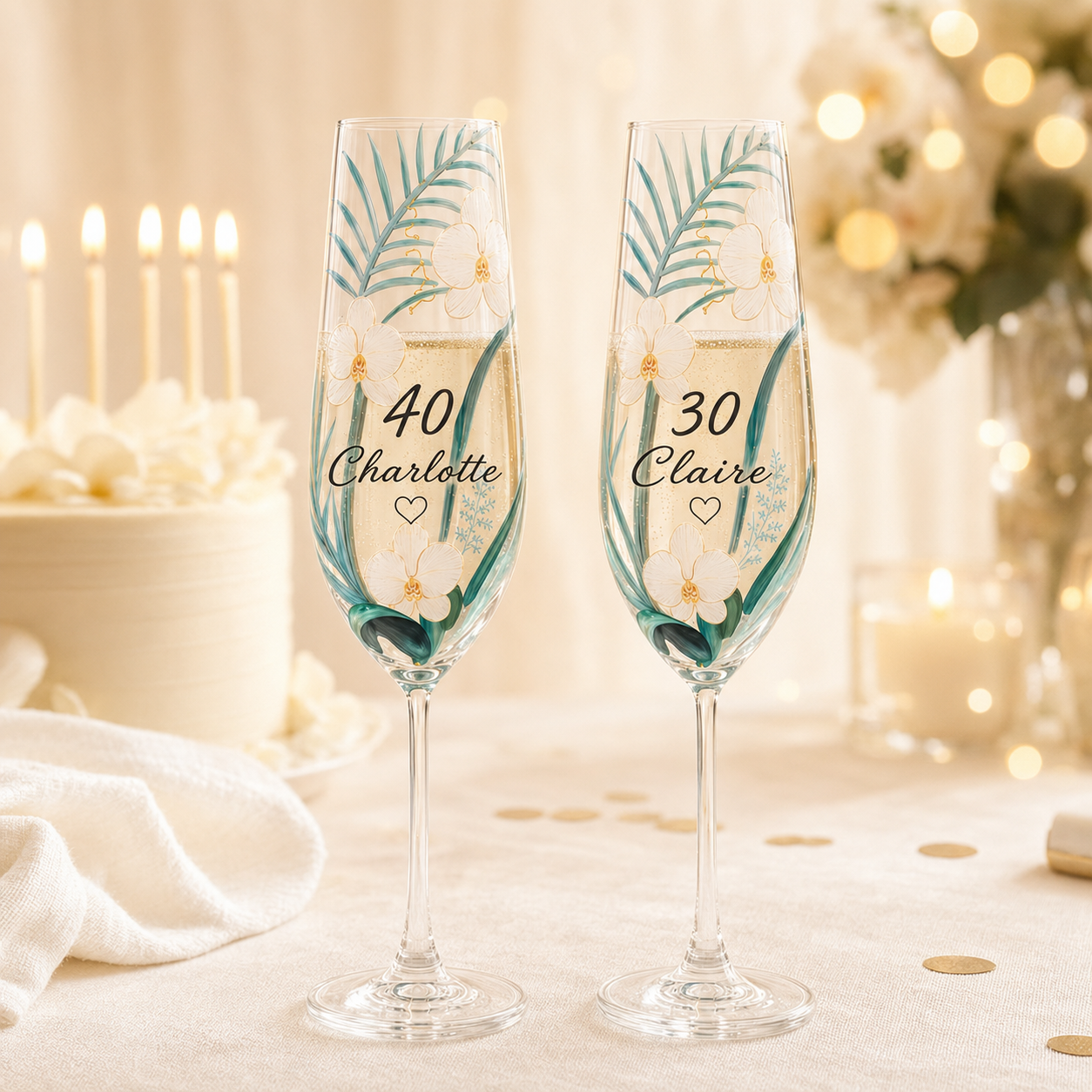 Personalized orchid champagne flutes for 30th and 40th birthday celebrations