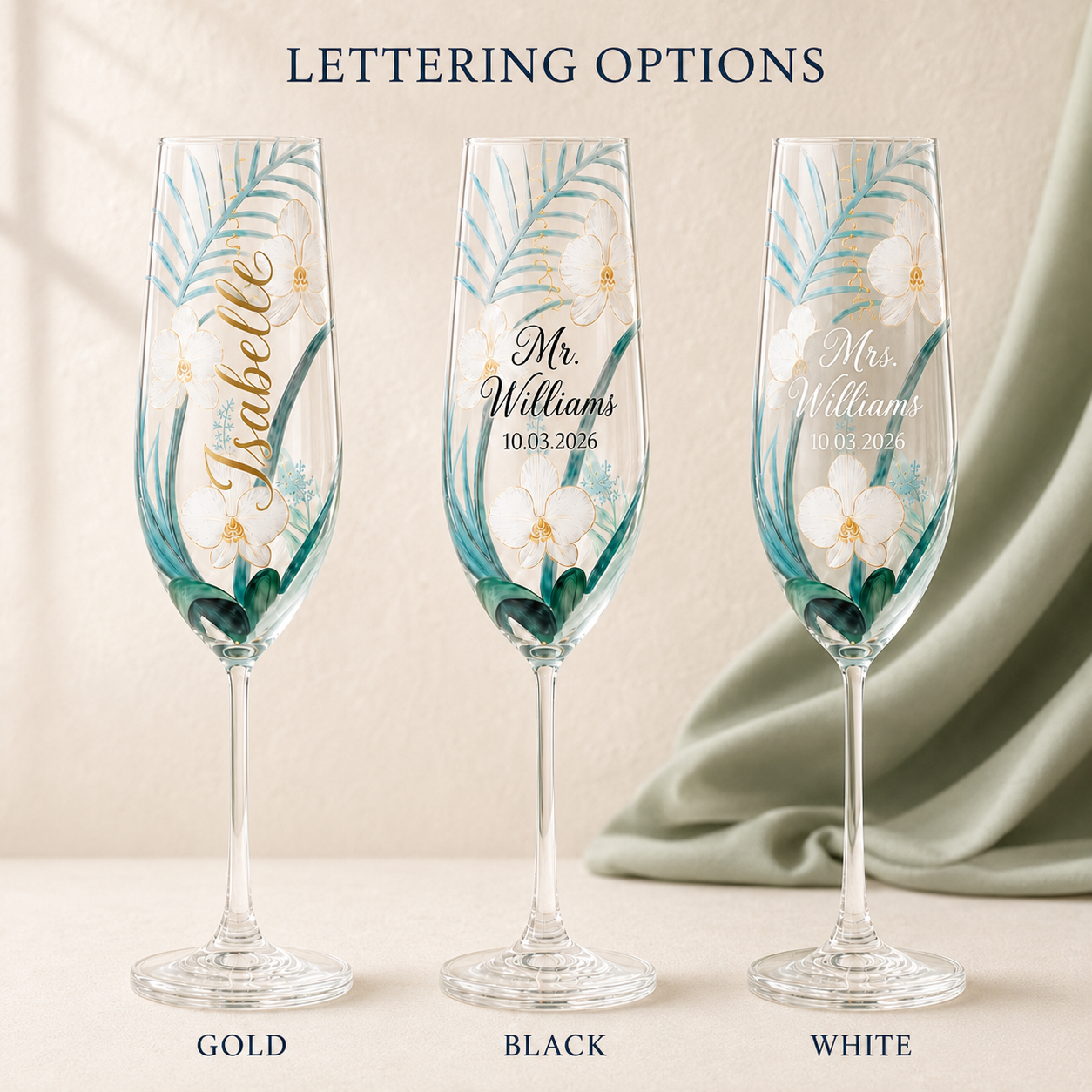 Gold black and white lettering options for personalized orchid champagne flute