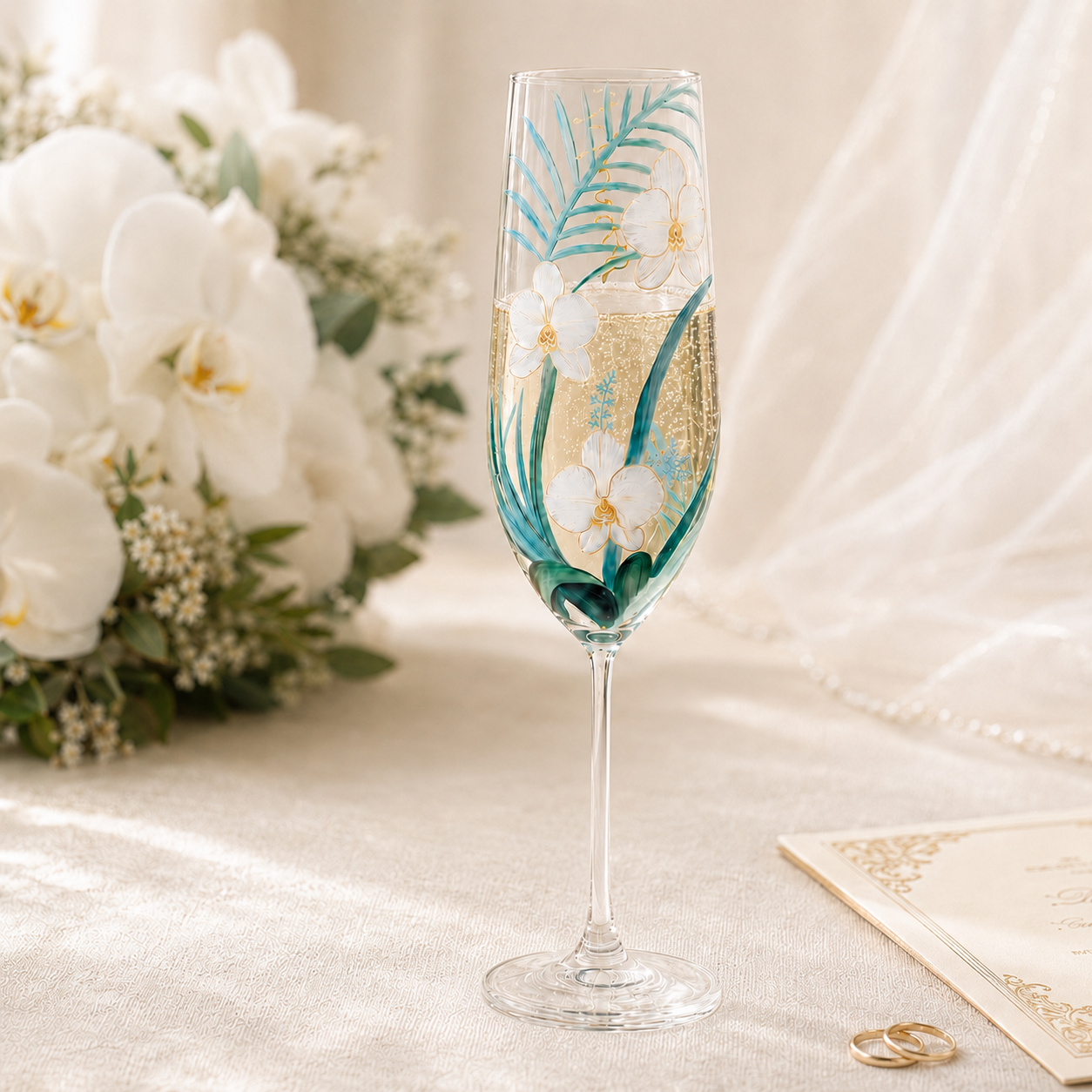 Hand-painted orchid wedding champagne flute styled with white flowers and wedding rings