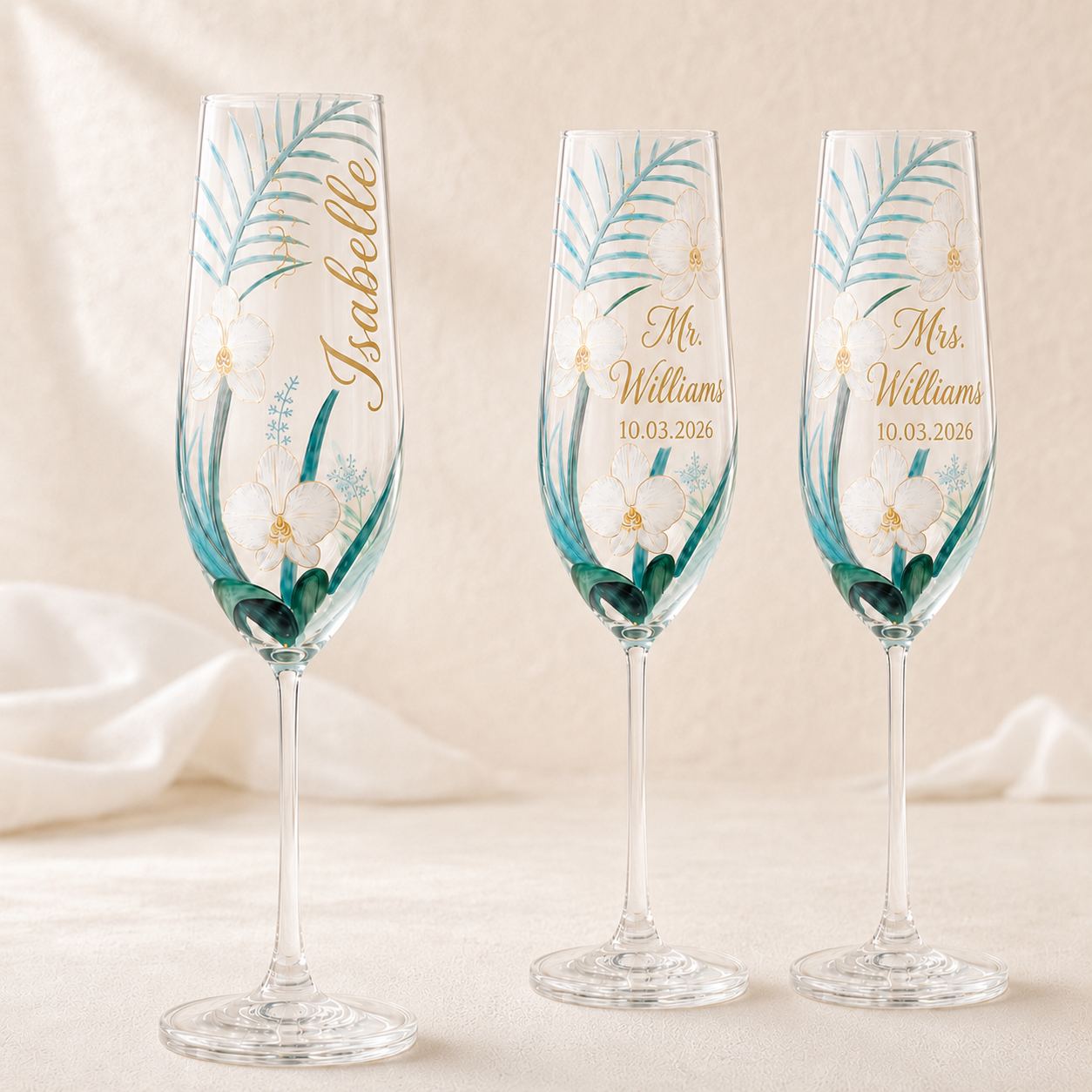Personalized orchid champagne flute examples with vertical name and Mr and Mrs wedding text