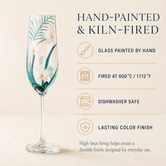 Hand-painted kiln-fired orchid champagne flute with dishwasher-safe product features