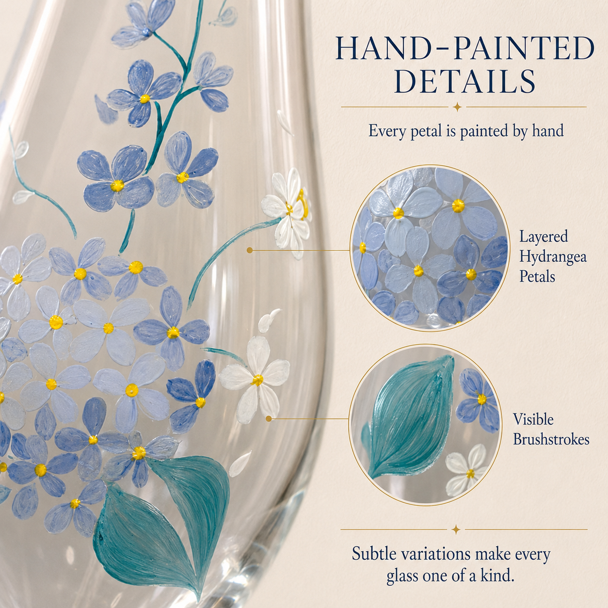 Close-up of hand-painted blue hydrangea petals, leaves and visible brushstrokes on a champagne flute