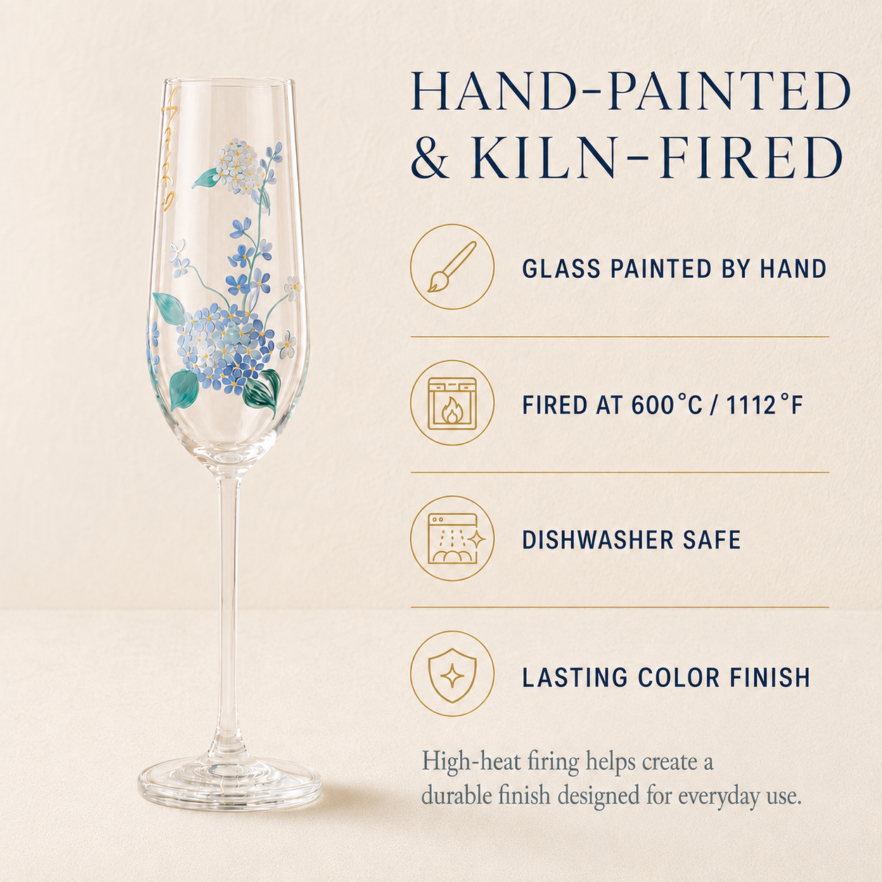 Hand-painted blue hydrangea champagne flute kiln-fired at 600°C with a durable dishwasher-safe finish