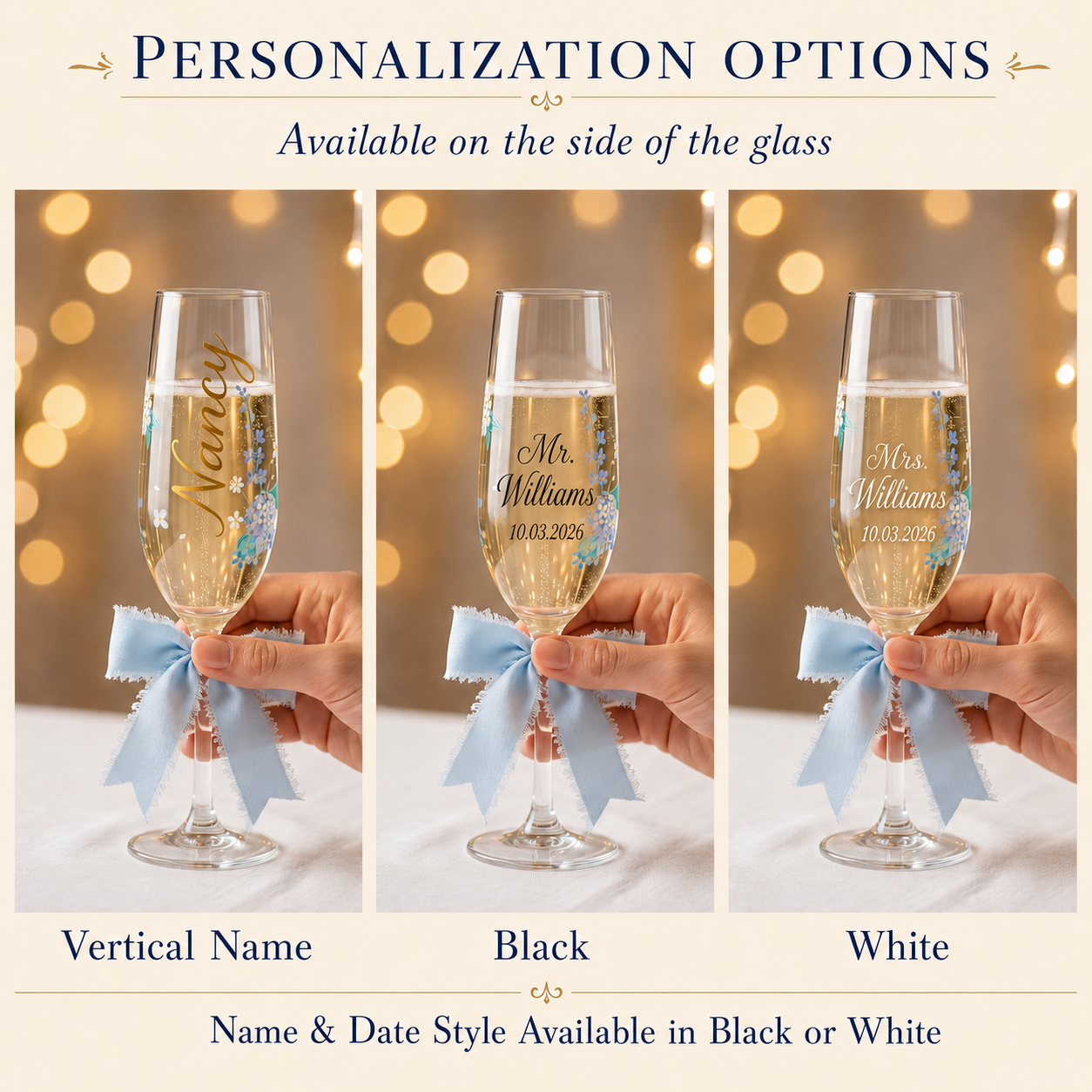 Personalized hydrangea champagne flute options with vertical name, custom name and date in black or white