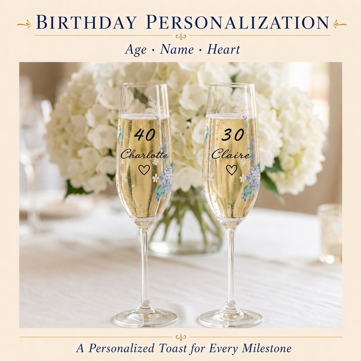 Personalized blue hydrangea champagne flutes with milestone age, name and heart for birthday gifts