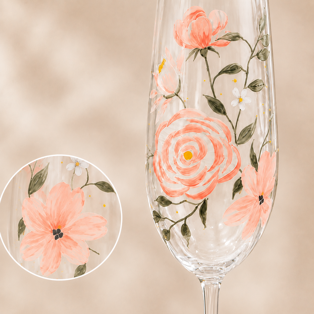 A clear stemmed glass with hand-painted coral pink flowers, green leaves, and small white blossoms, shown against a soft beige background with a circular close-up inset of one flower detail.