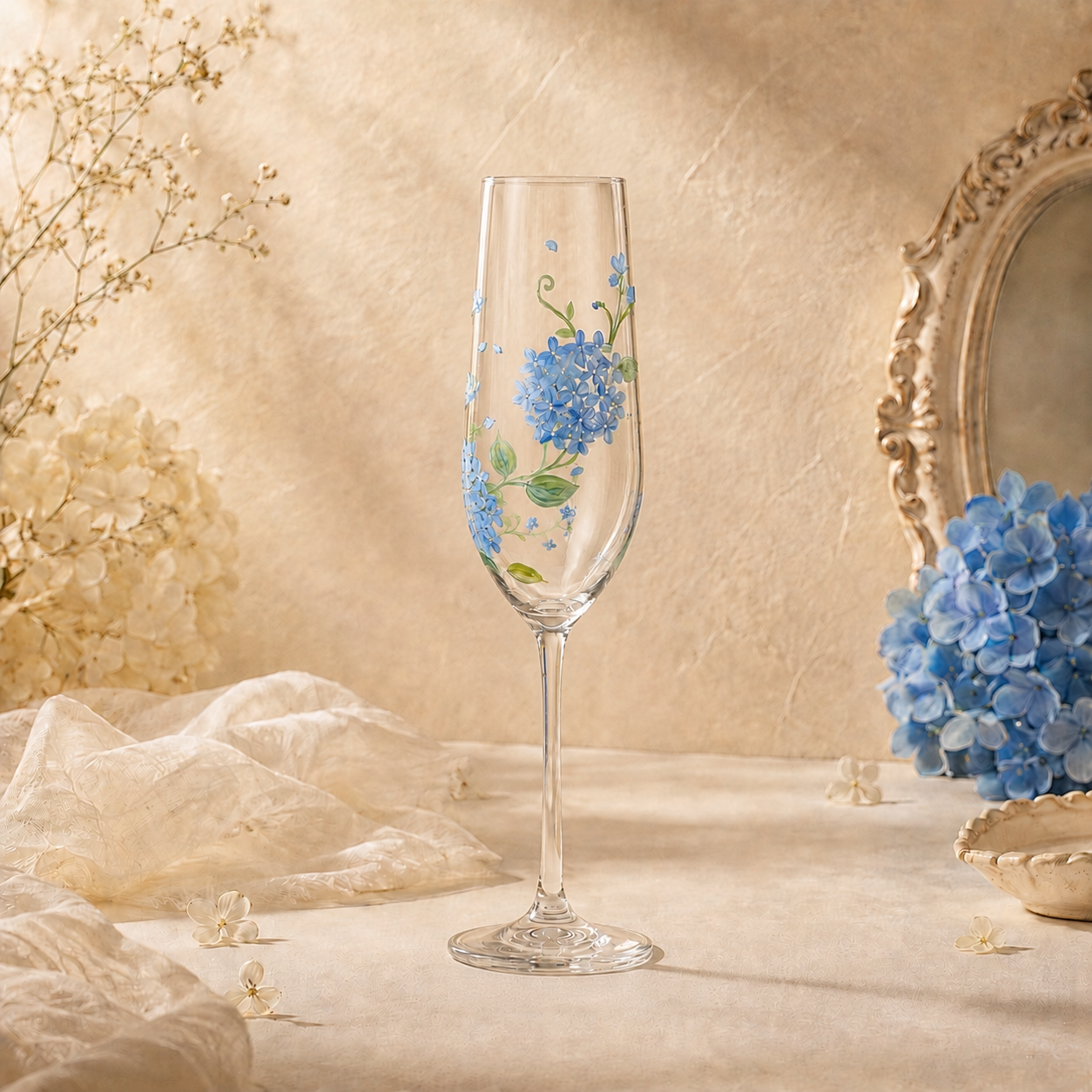 Hand painted blue hydrangea champagne flute with botanical floral details on clear glass