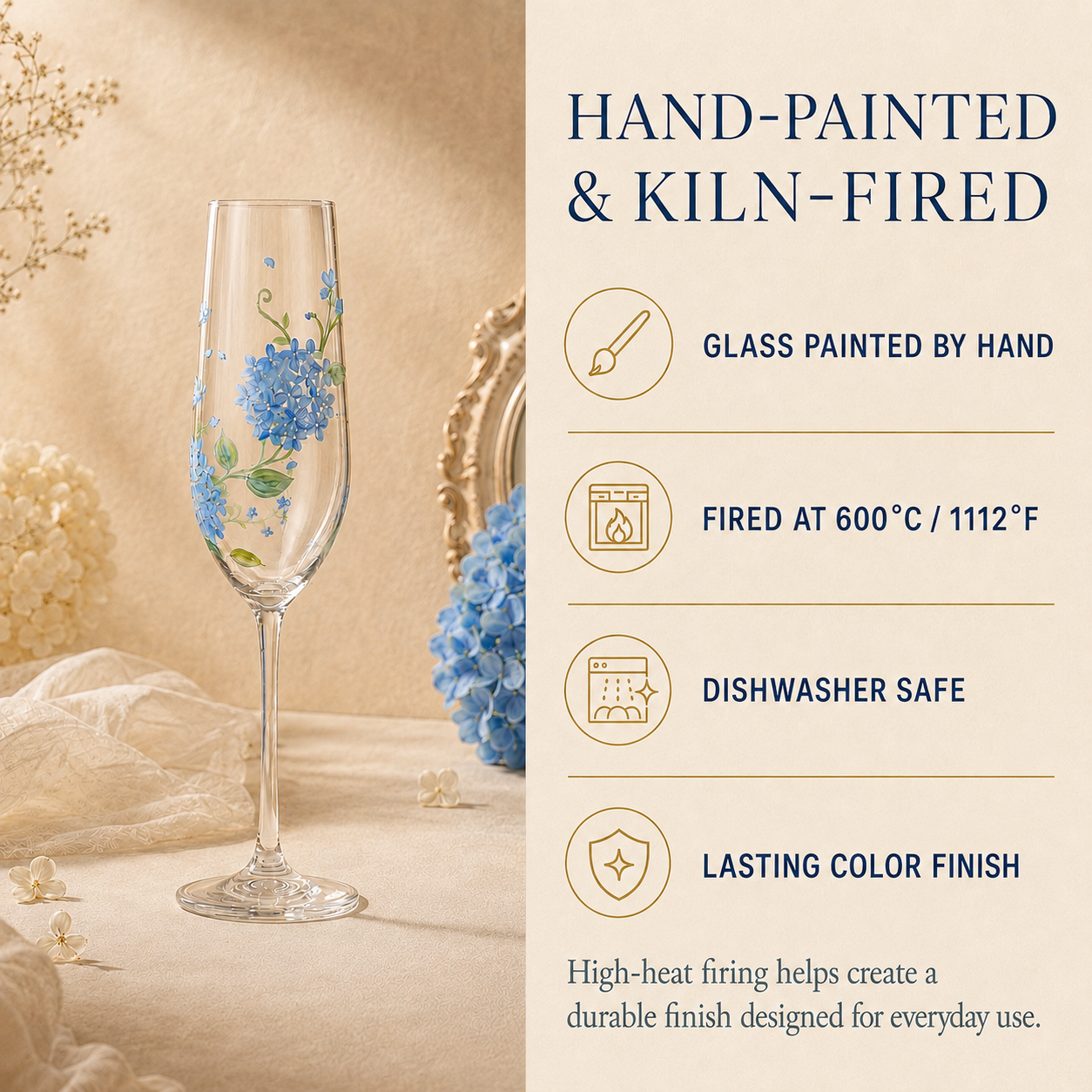 Hand painted and kiln fired blue hydrangea champagne flute with dishwasher safe finish