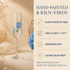 Hand painted and kiln fired blue hydrangea champagne flute with dishwasher safe finish
