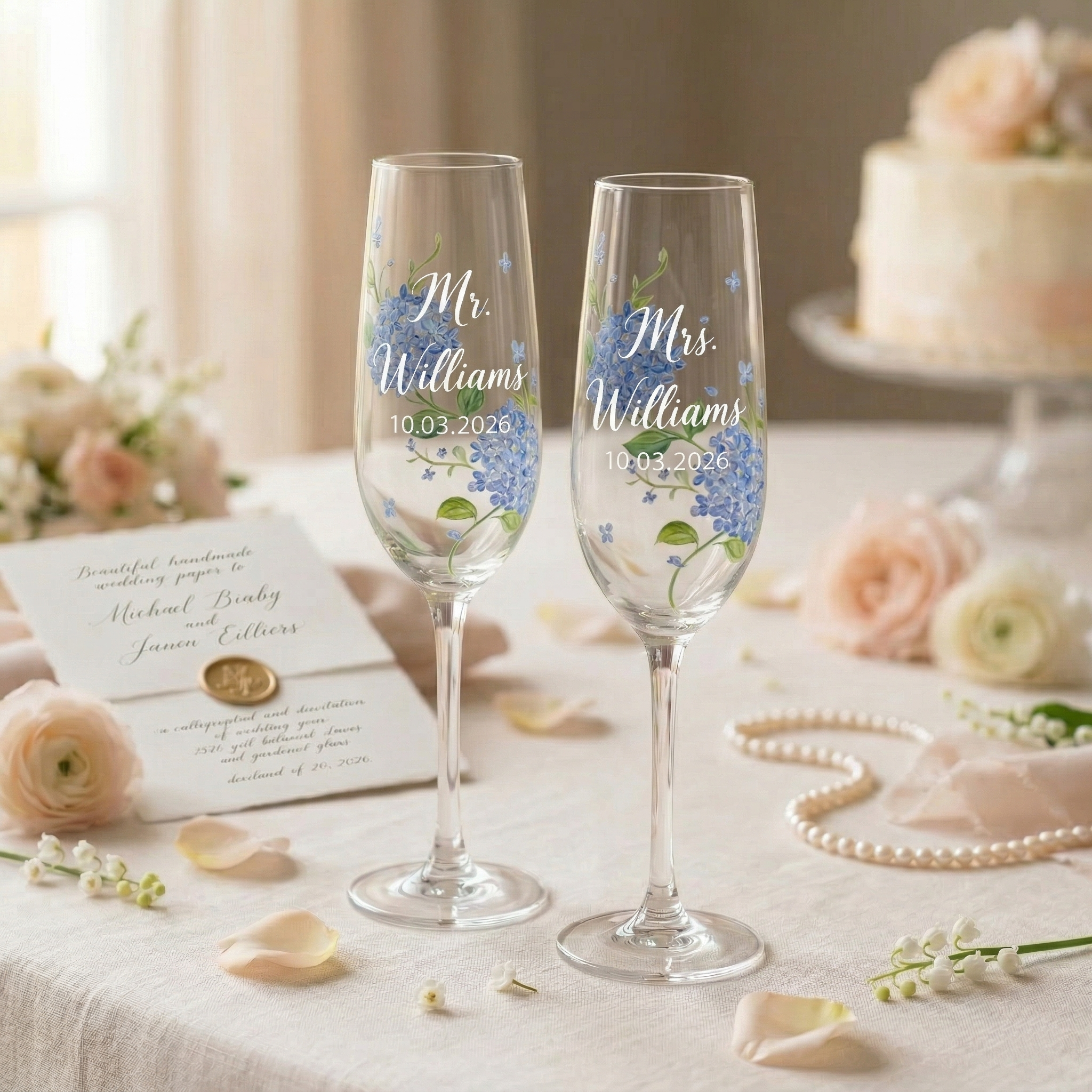 Personalized Mr and Mrs blue hydrangea champagne flutes with wedding date