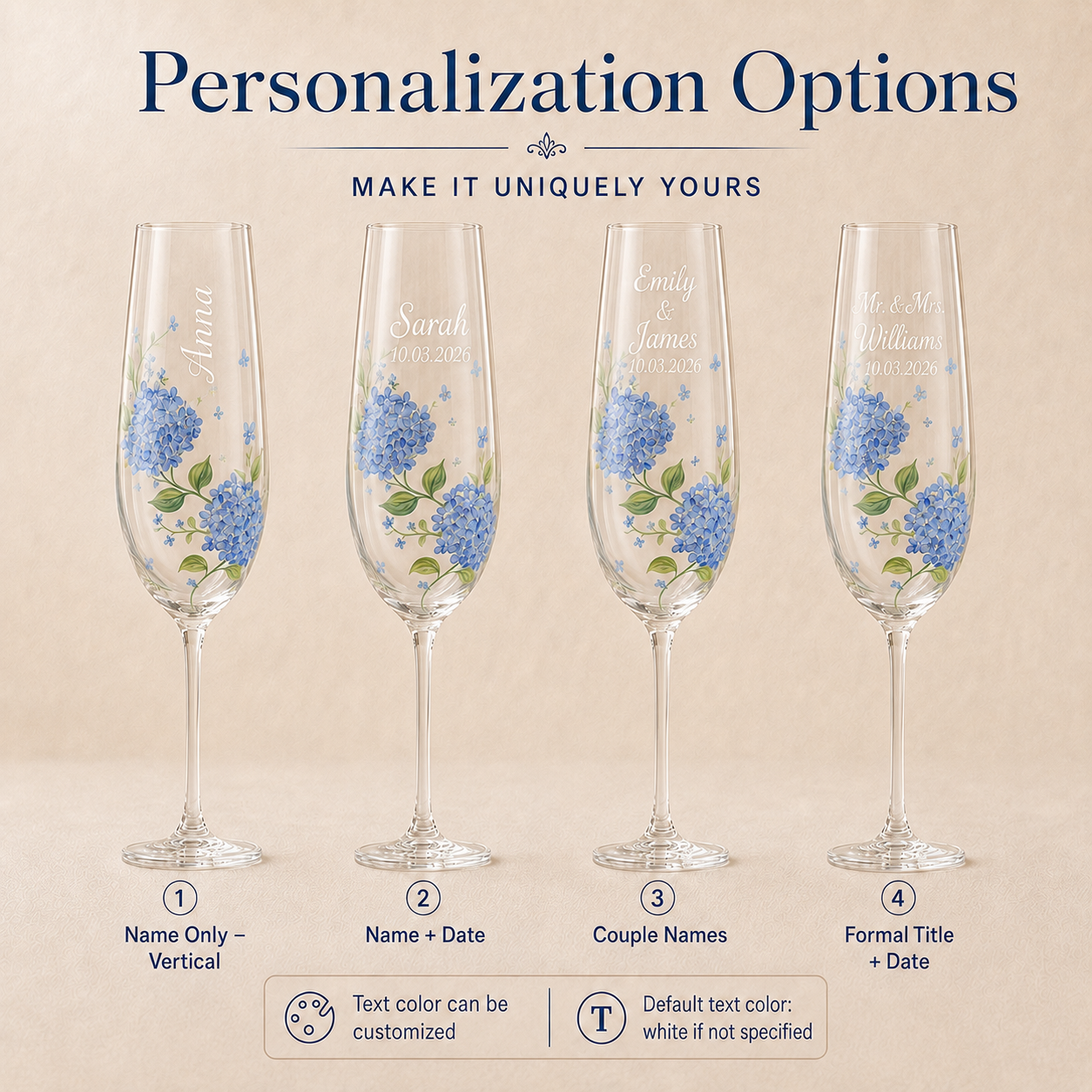 Personalization options for blue hydrangea champagne flutes including names couples and wedding dates