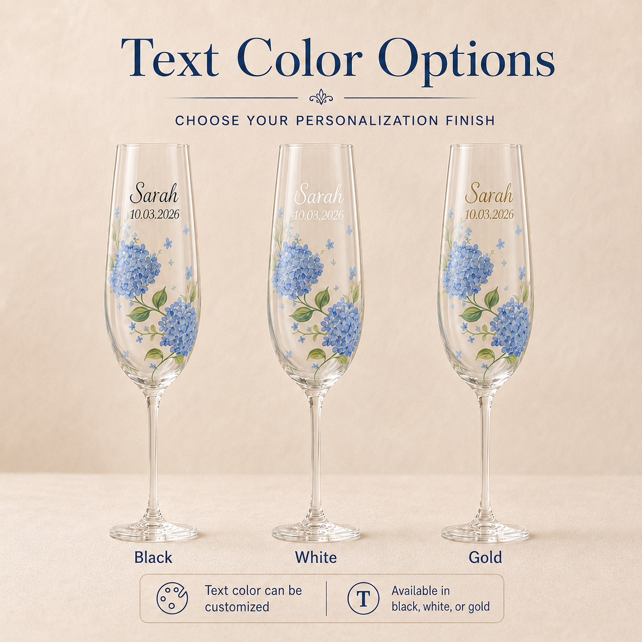 Black white and gold personalization color options for hand painted champagne flutes