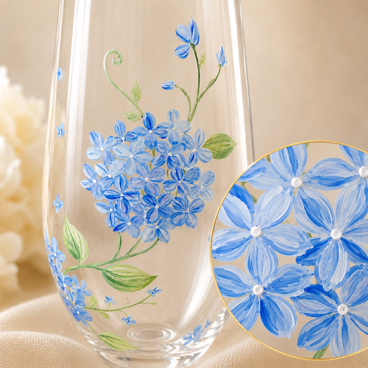 A clear glass vase with hand-painted blue hydrangea flowers and green leaves, shown on a soft beige fabric background with a circular close-up inset of the floral design.