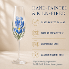 Hand-painted blue iris champagne flute showing kiln-fired 600°C finish and dishwasher-safe construction