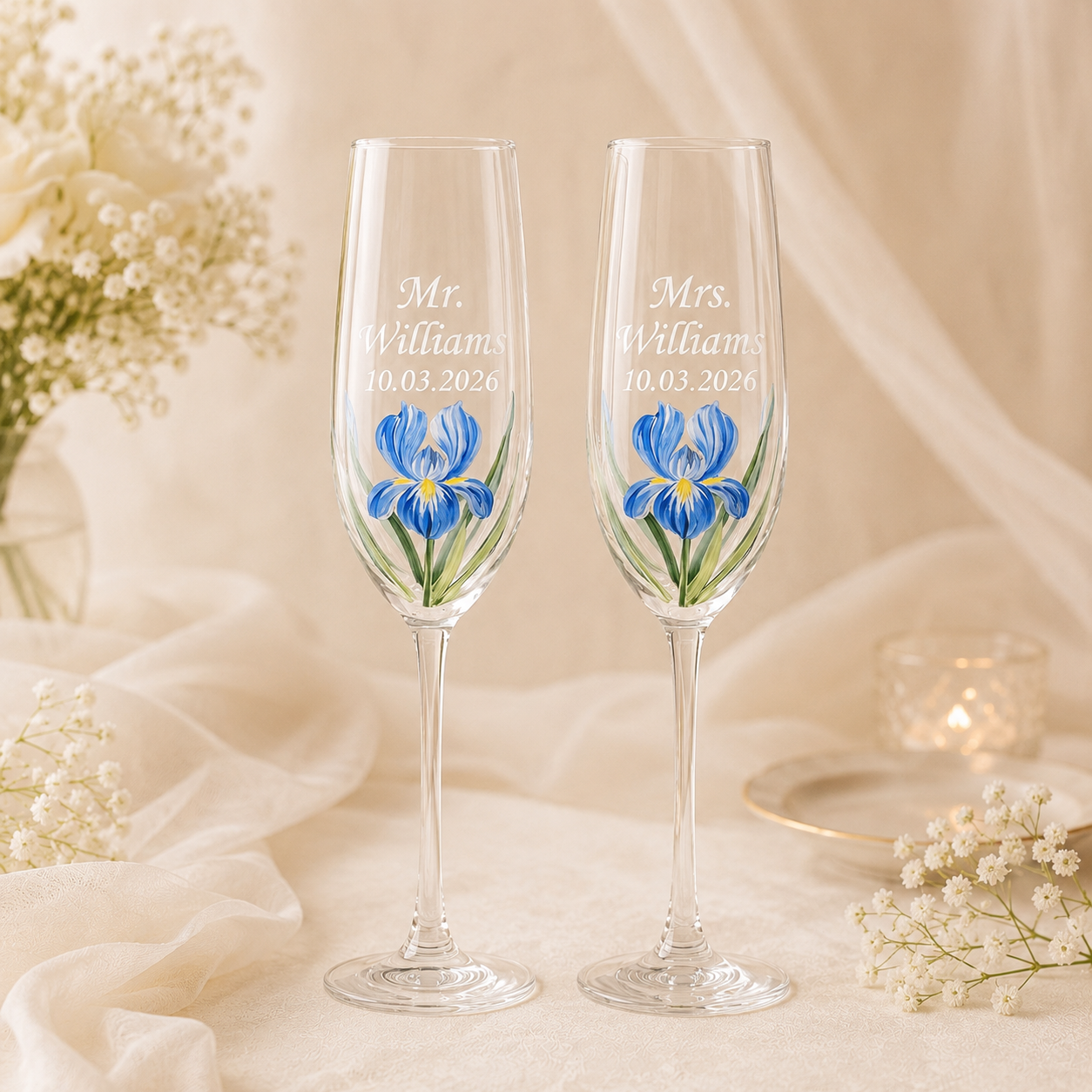 Pair of personalized blue iris champagne flutes with Mr. and Mrs. Williams names and wedding date