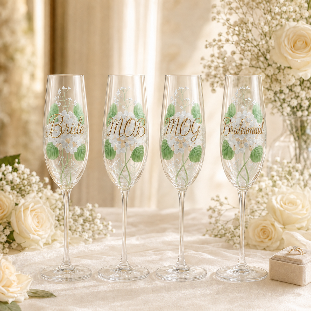 Personalized hand-painted wedding champagne flutes for bride and wedding party