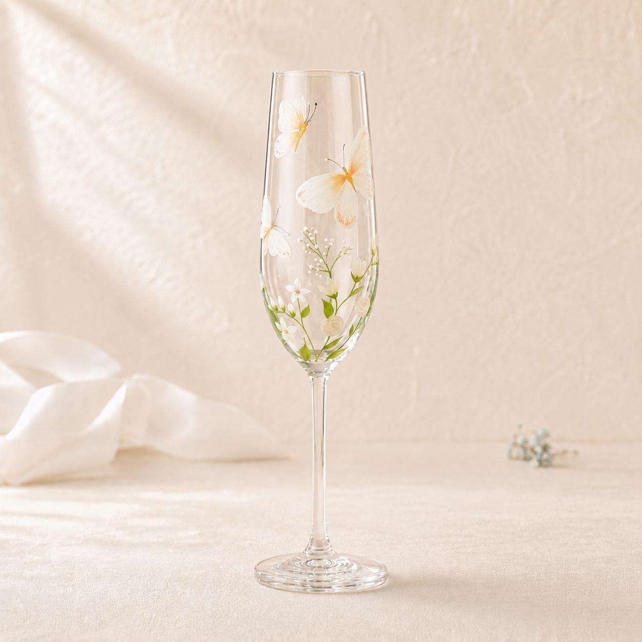 Hand-painted butterfly champagne flute with white wildflowers and green botanical details on a soft ivory background