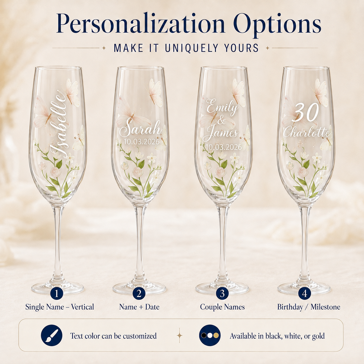 Personalization options for butterfly champagne flute including vertical name, name and date, couple names and milestone birthday