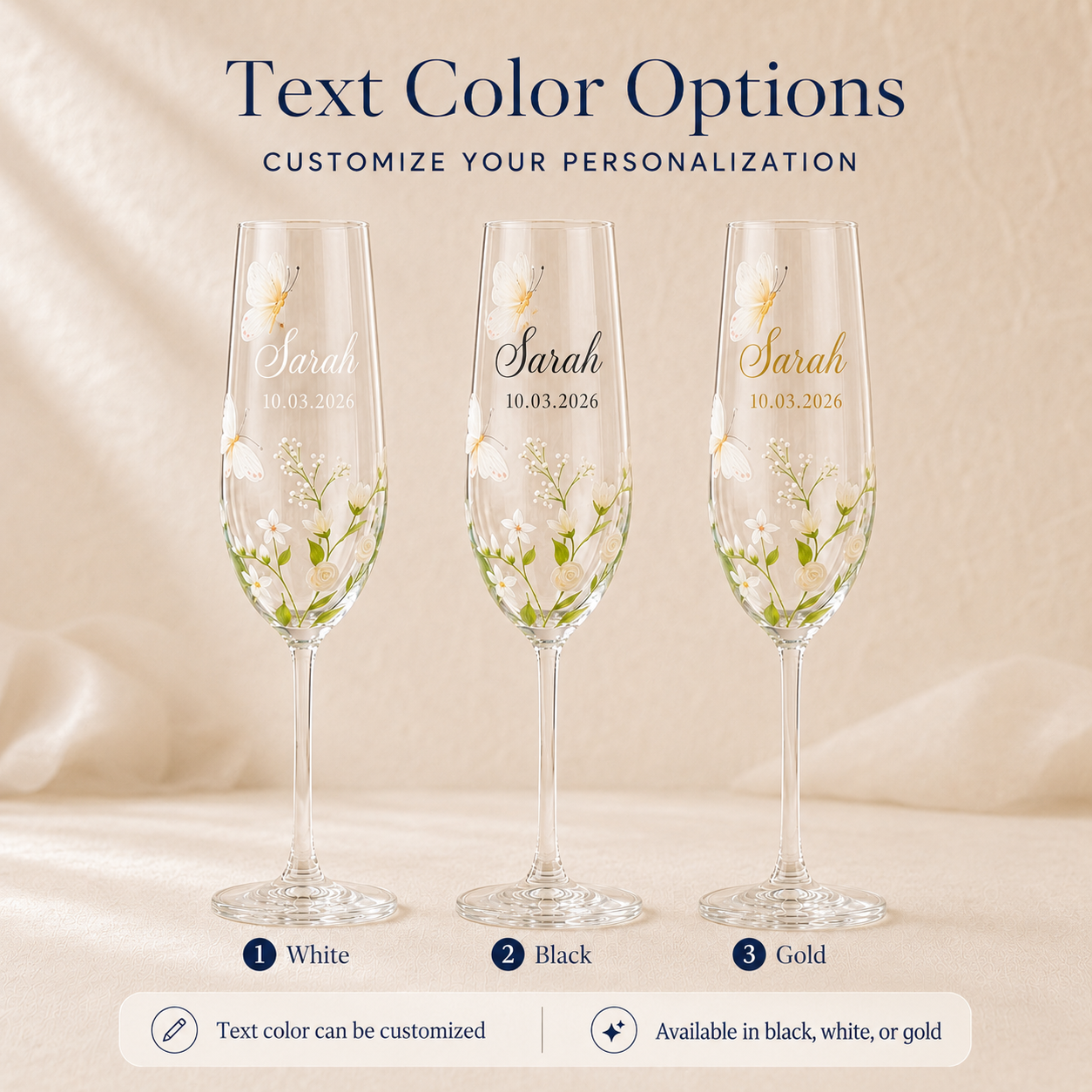 Personalized butterfly champagne flutes showing white, black and gold lettering color options