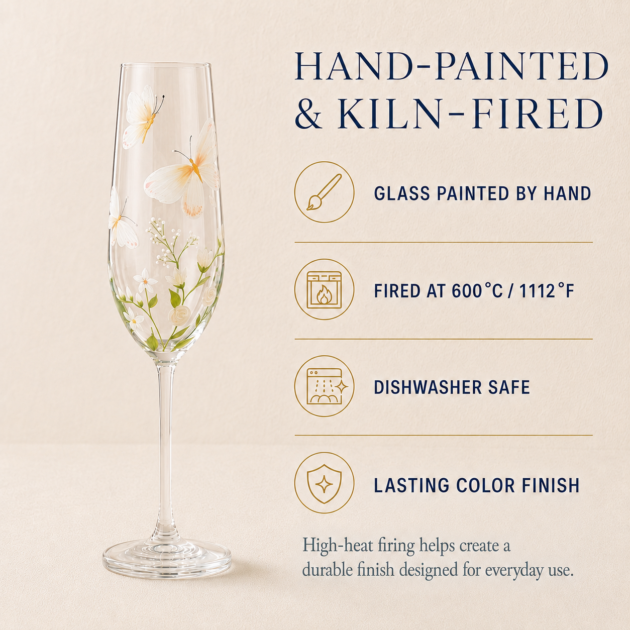 Hand-painted butterfly champagne flute showing kiln-fired glass process, dishwasher-safe finish and lasting color