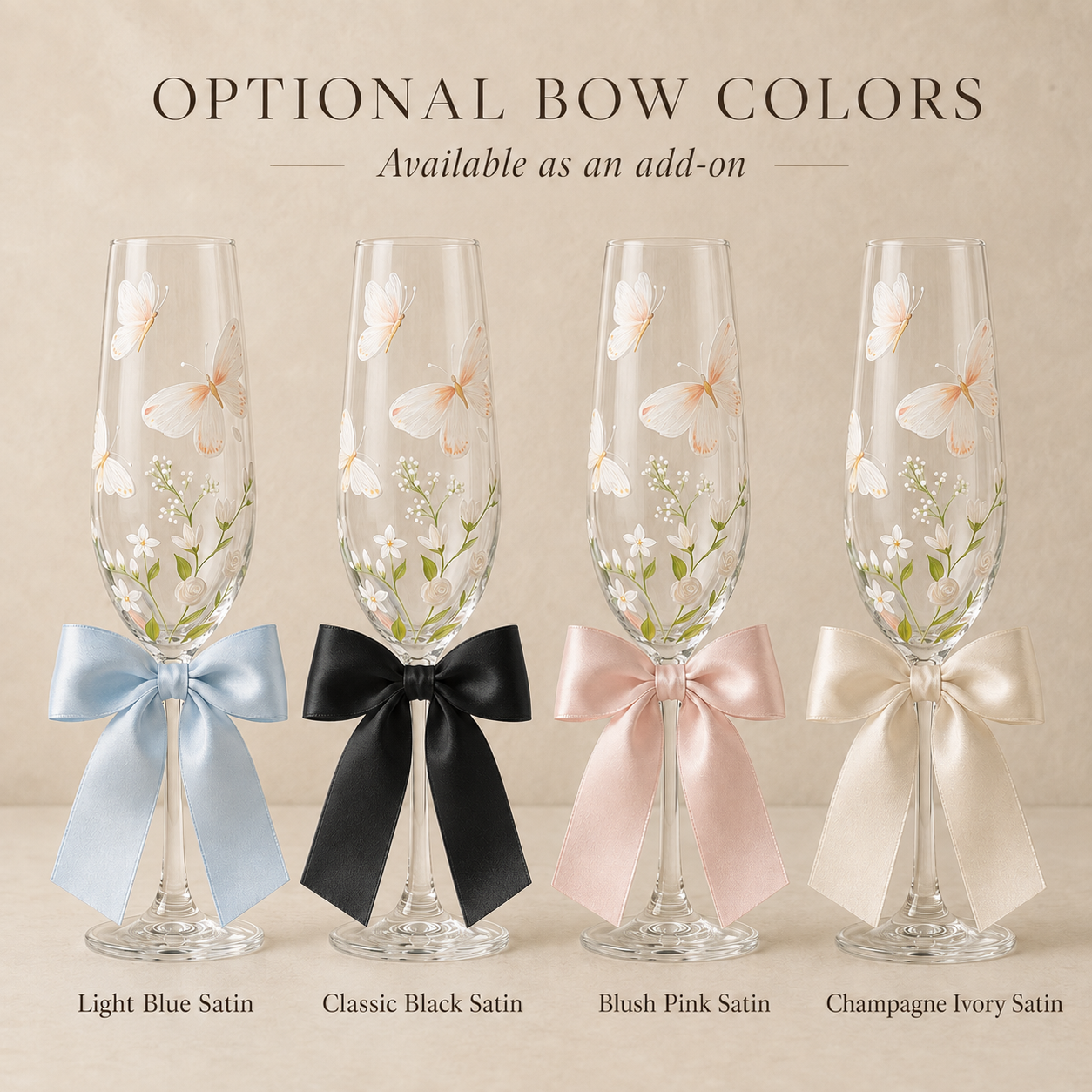 Hand-painted butterfly champagne flutes with optional light blue, black, blush pink and champagne ivory satin bows