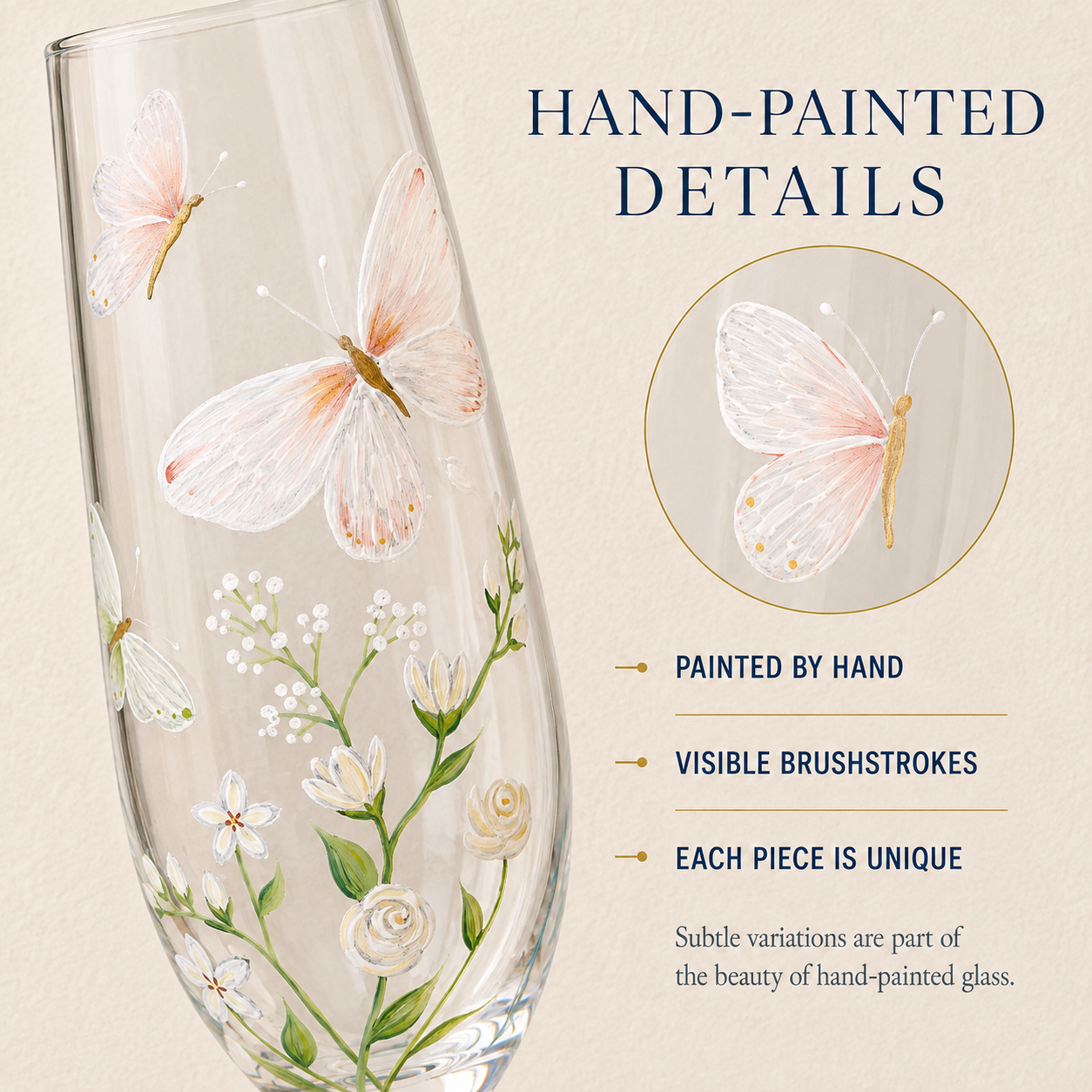 Close-up of hand-painted white and blush butterflies, wildflowers, leaves and visible brushstrokes on champagne glass