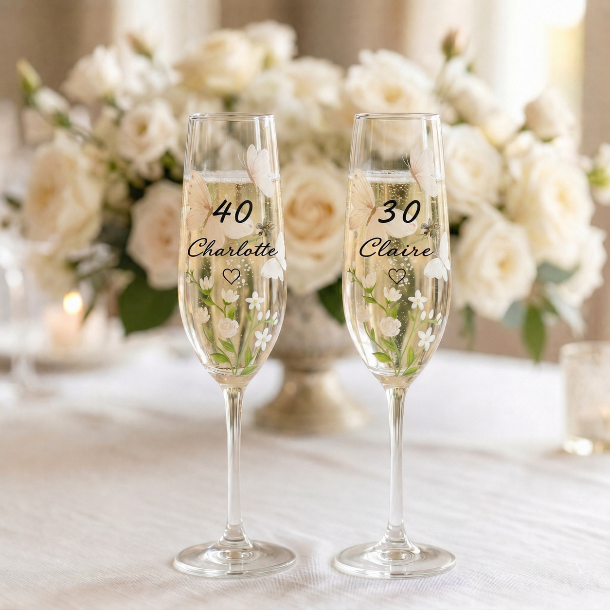 Two personalized butterfly champagne flutes with milestone ages 40 and 30 and names Charlotte and Claire
