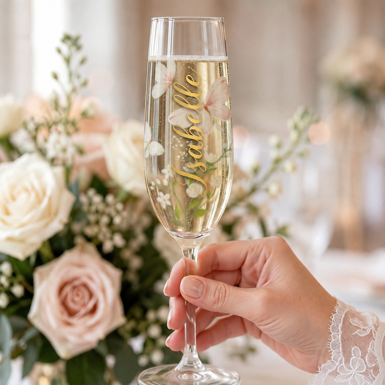 Hand holding personalized butterfly champagne flute with gold vertical name Isabelle at a romantic floral celebration