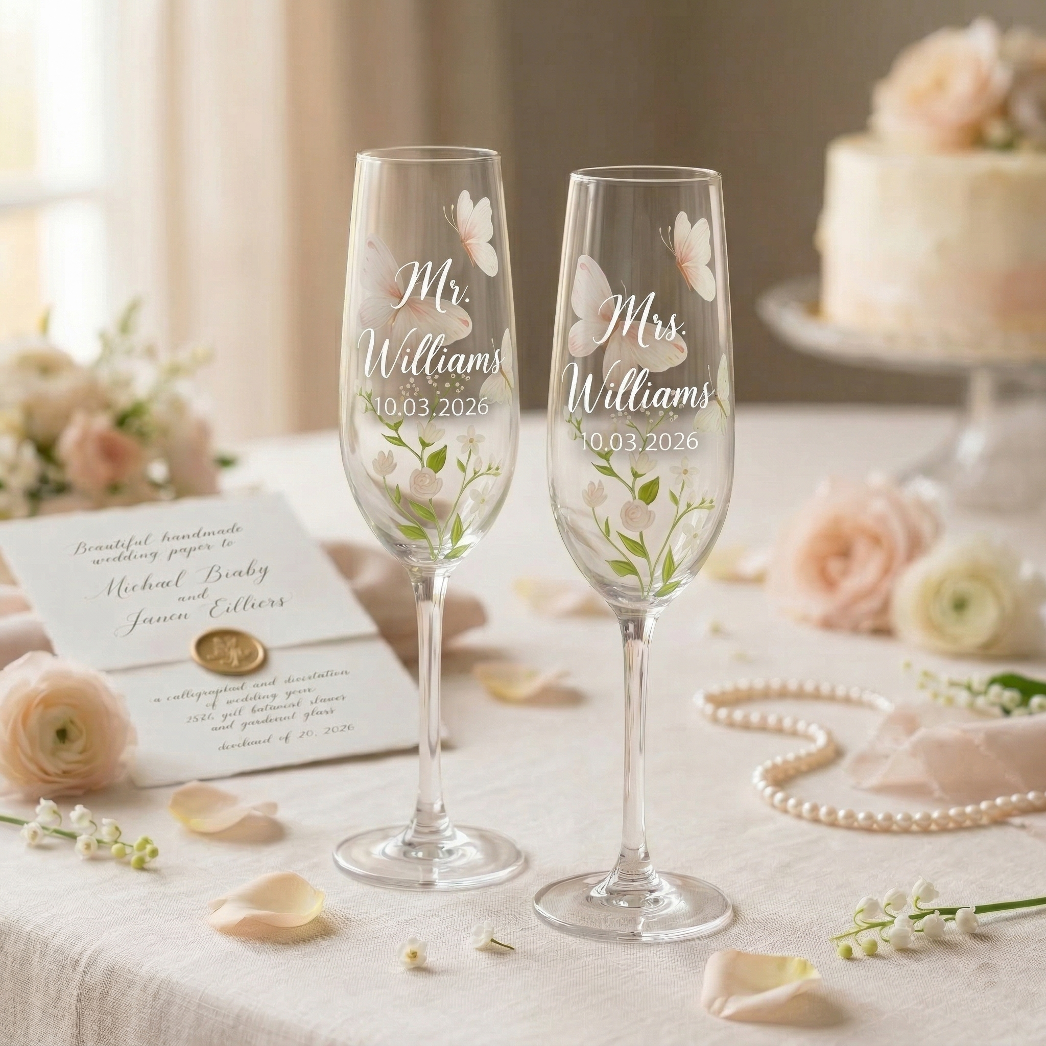 Personalized Mr and Mrs Williams butterfly champagne flutes with wedding date displayed on romantic wedding table