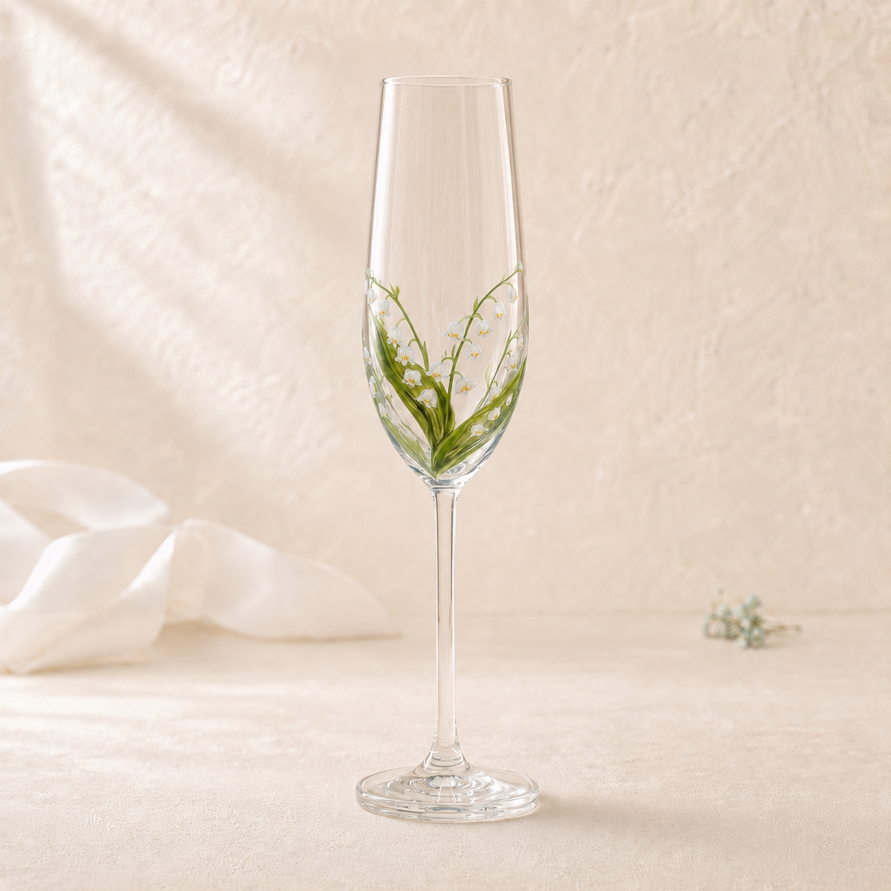 Hand-painted lily of the valley champagne flute with white flowers and green leaves