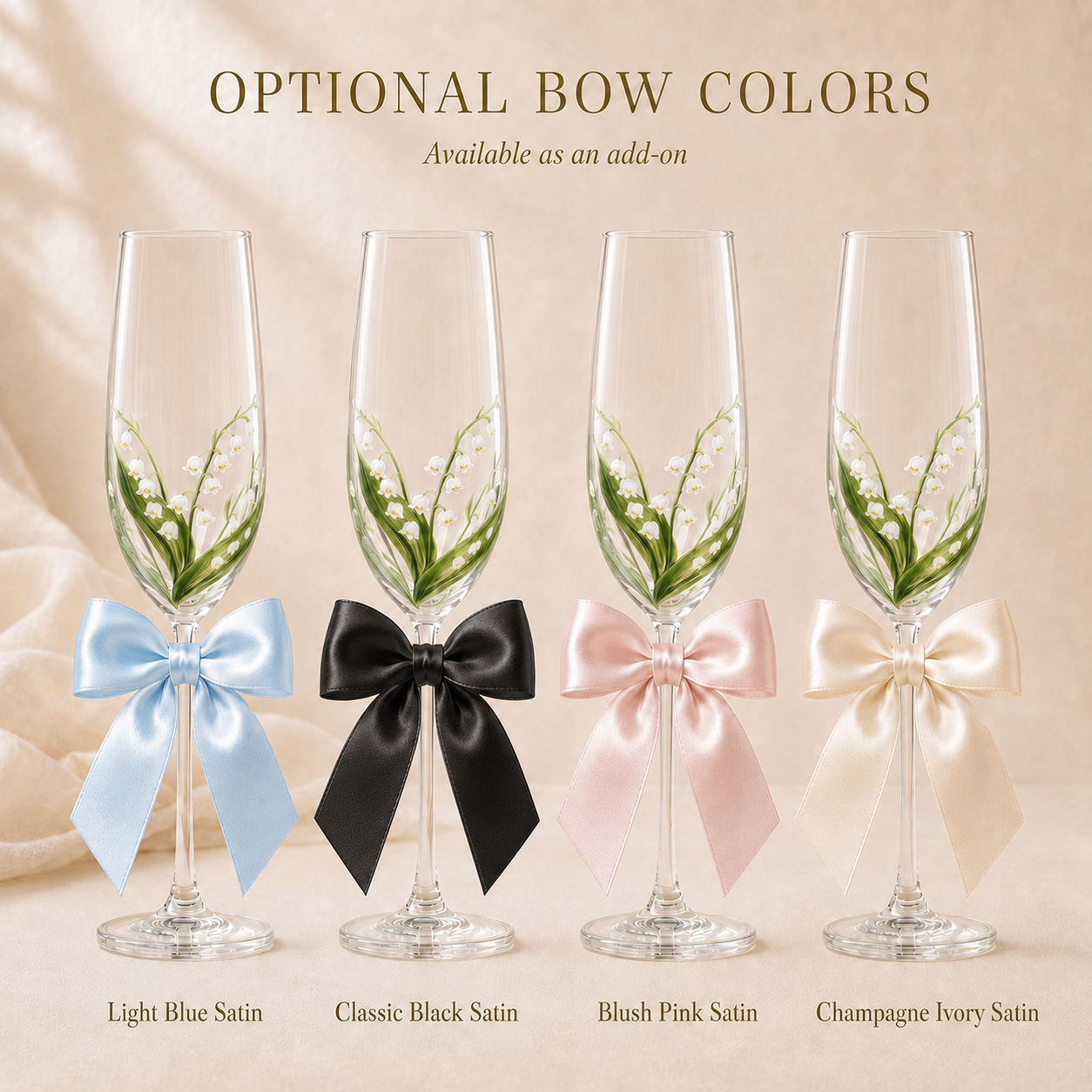 Four clear champagne flutes decorated with satin bows in light blue, black, blush pink, and champagne ivory, each holding a lily of the valley sprig. Text at the top reads 'OPTIONAL BOW COLORS' and labels the bow colors below the flutes.