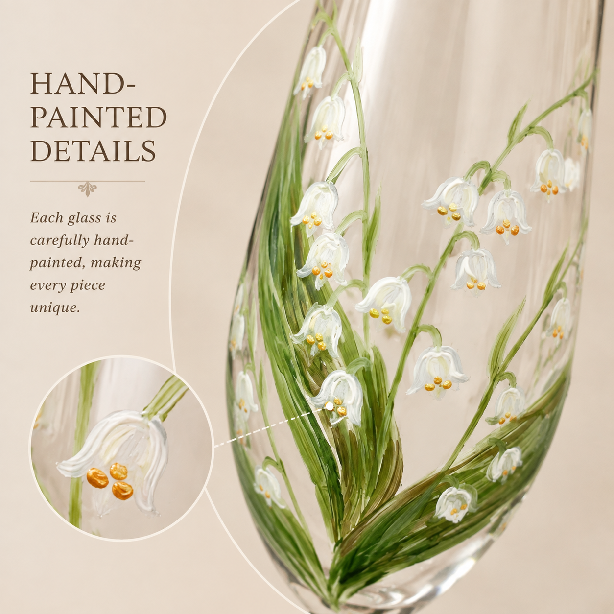 Close-up of hand-painted lily of the valley flowers and botanical details on champagne glass