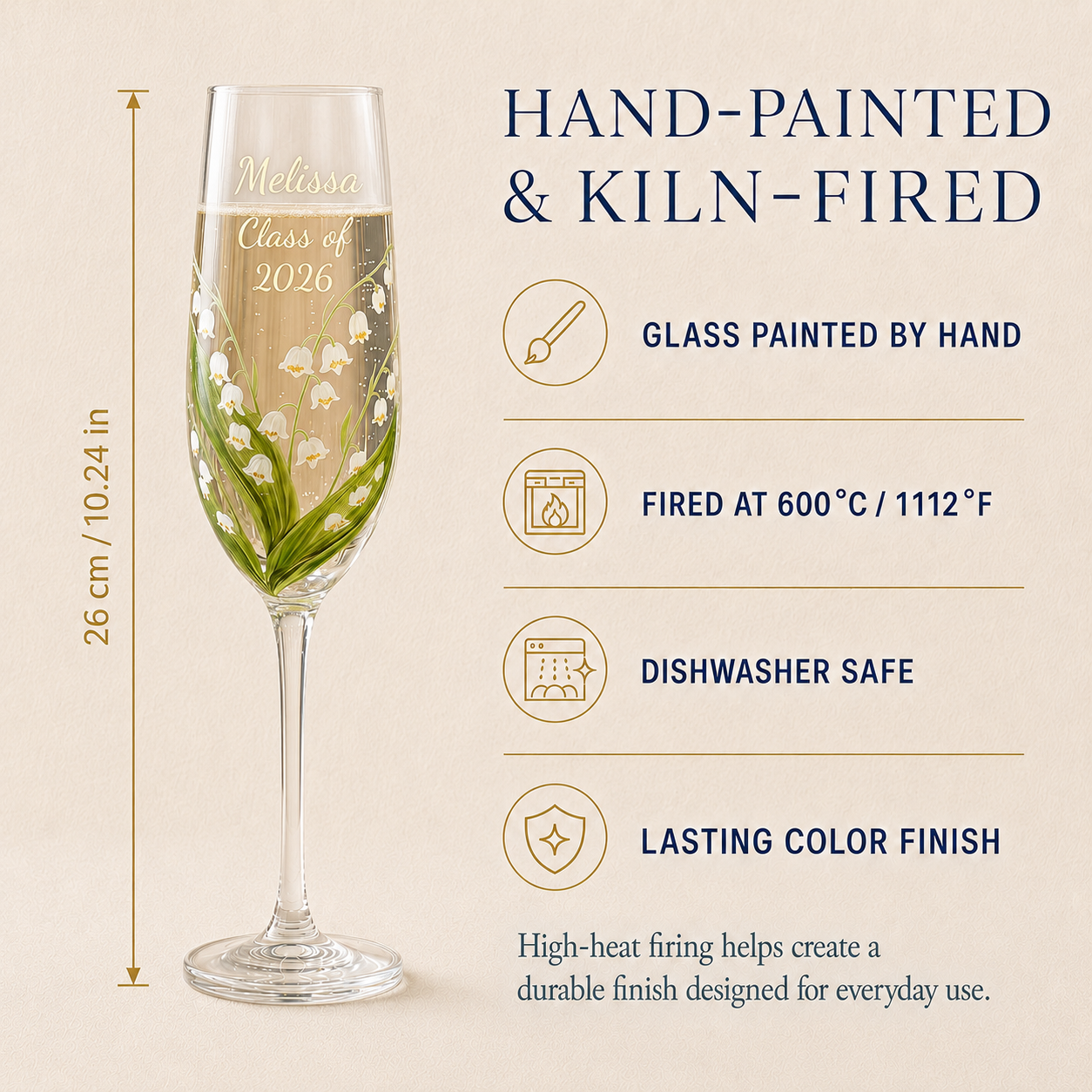 Personalized hand-painted champagne flute showing kiln-fired finish and 26 cm glass height