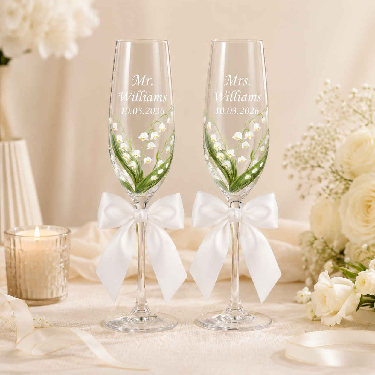 Personalized Mr and Mrs lily of the valley wedding champagne flutes with white satin bows