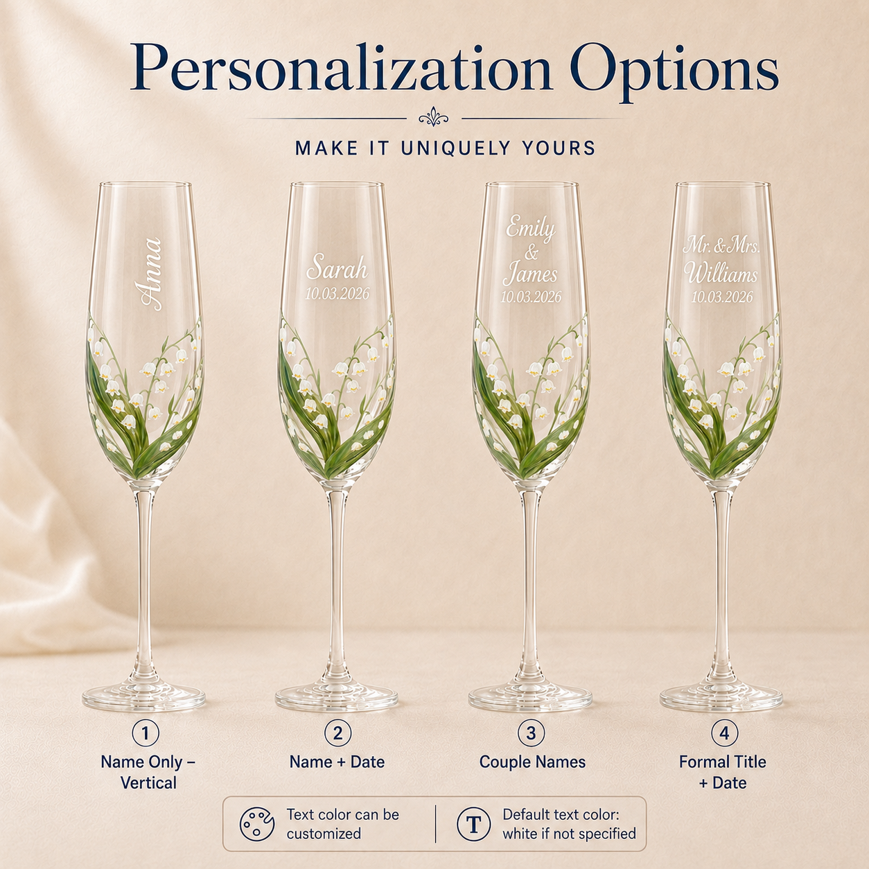 Custom name date couple names and wedding title options for hand-painted champagne glass
