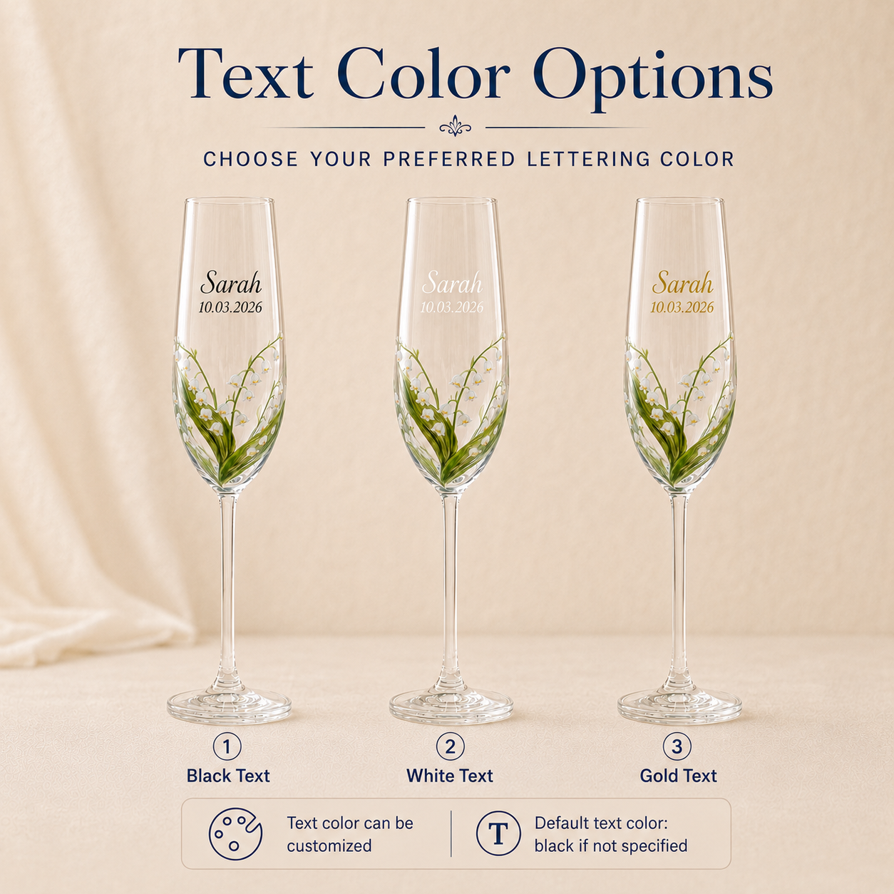 Custom lettering color examples on hand-painted floral champagne flutes