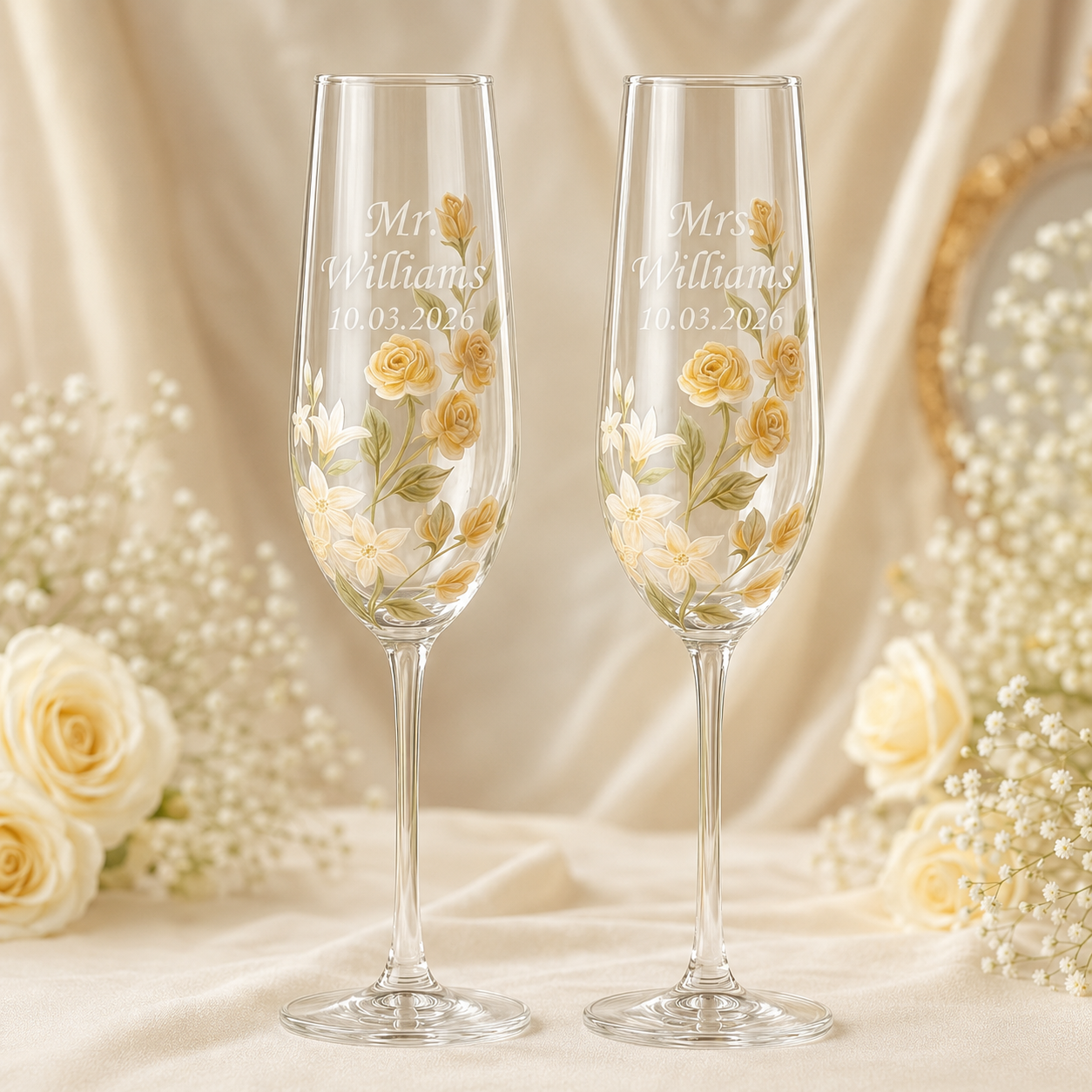 Personalized hand-painted yellow rose champagne flutes for bride and groom with custom names and wedding date