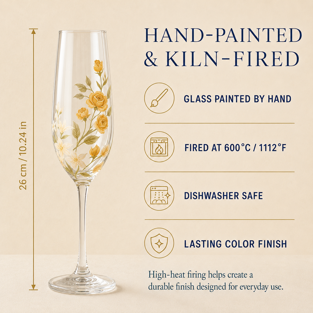 Hand-painted floral champagne flute 26 cm tall, kiln-fired at 600°C and dishwasher safe