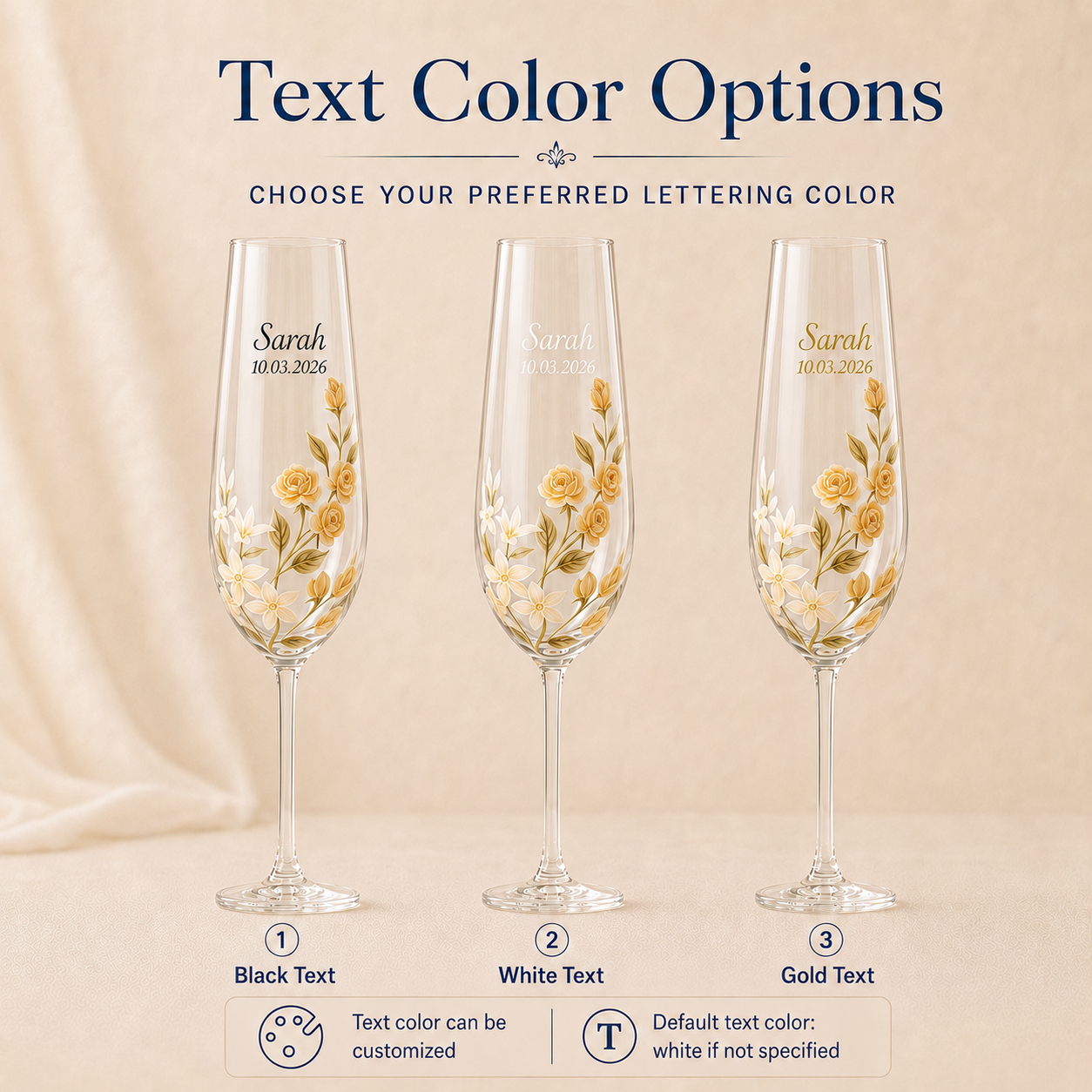 
Personalized floral champagne flute with black, white and gold custom lettering options