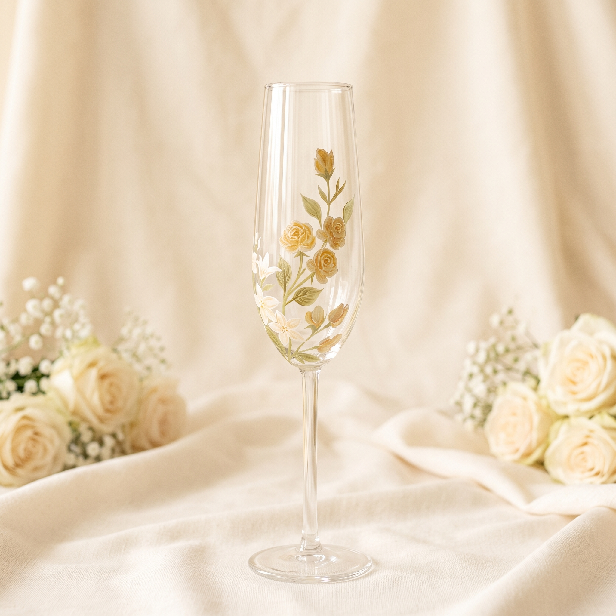 Hand-painted yellow rose champagne flute with ivory botanical flowers on elegant neutral wedding background