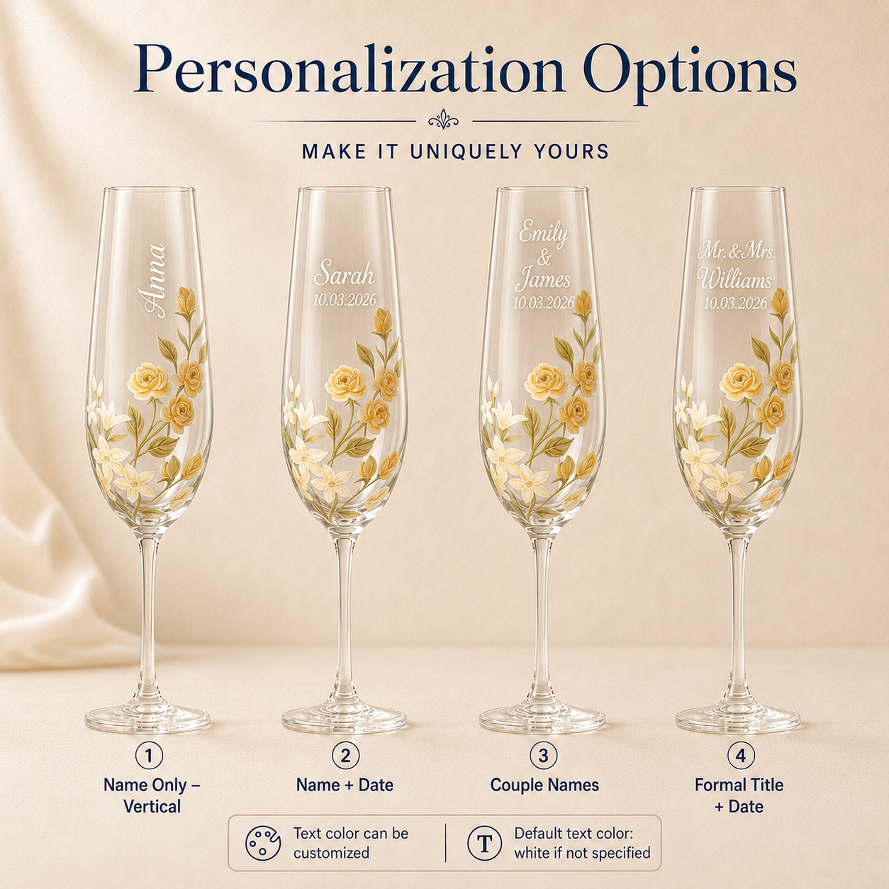 Custom hand-painted champagne flute showing name, date, couple names and Mr and Mrs personalization options